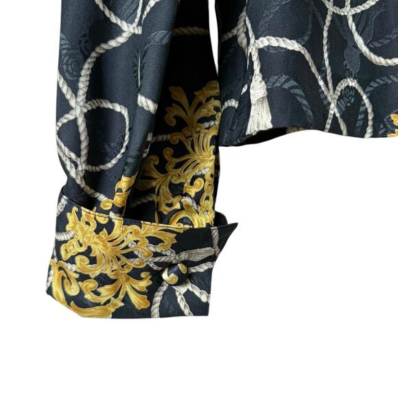 Vintage Pierre Cardin Black Gold Printed Button Up Blouse Cropped Long Sleeve, 6 - Picture 8 of 11